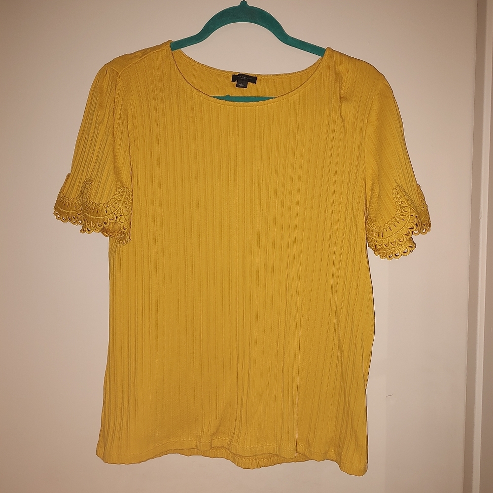 Yellow Ribbed Top with Lace Sleeves
